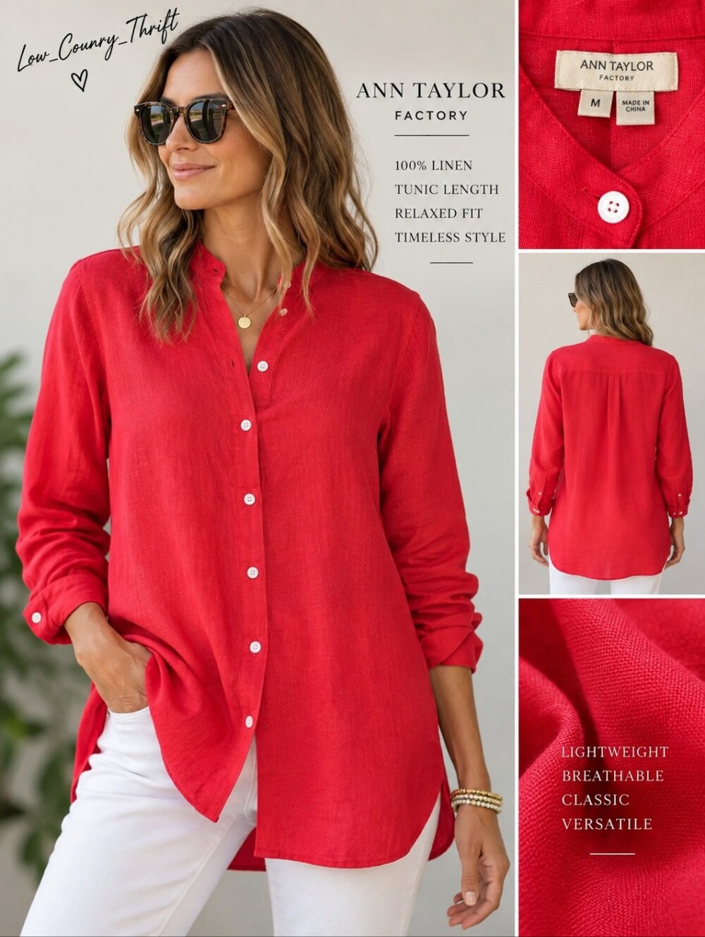 Ann Taylor Factory NWT 100% Linen Tunic Top Women's M Red Long Sleeve